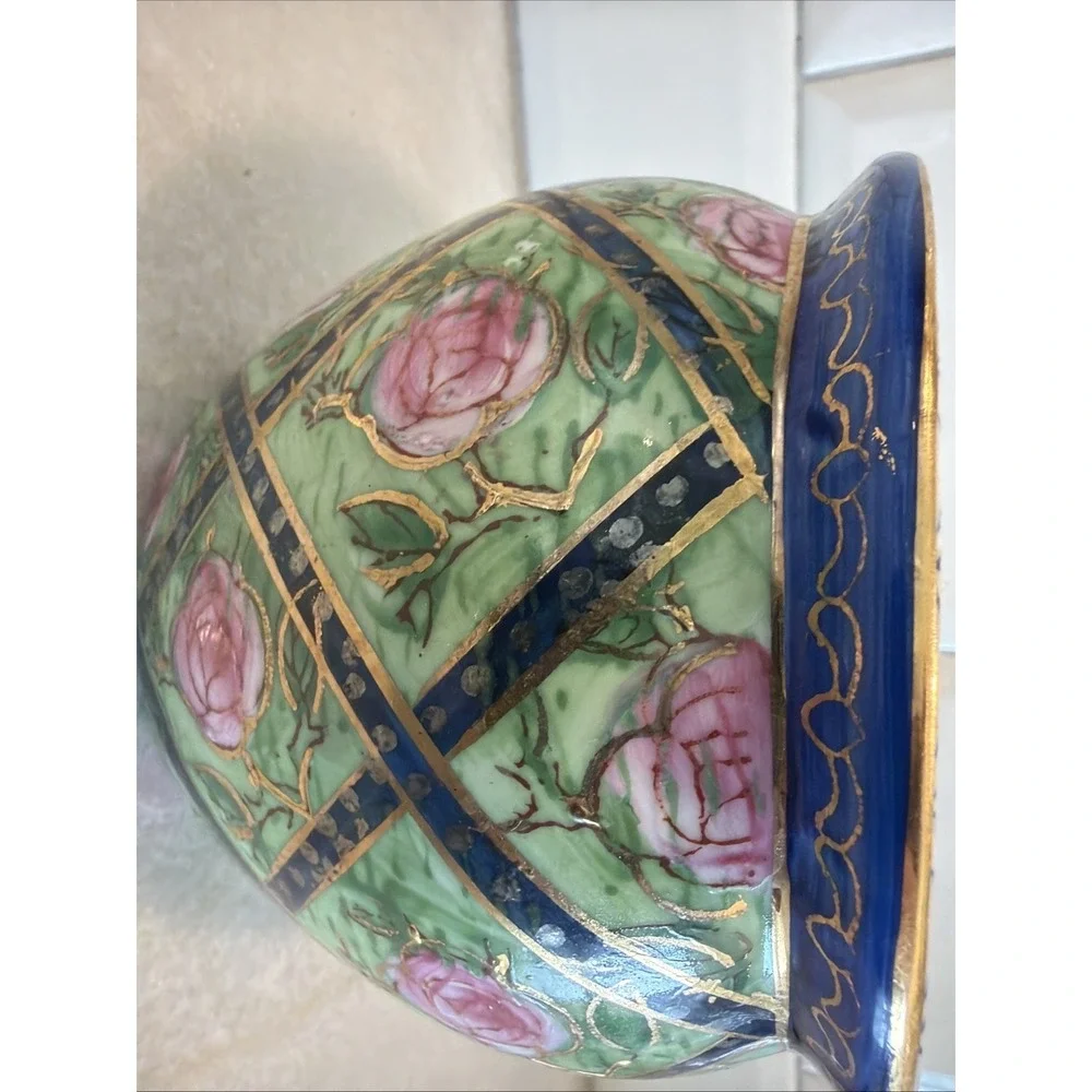 Lemax Ceramic Flower Pot Vase Green/blue/pink Roses Garden Gold Gilt 4